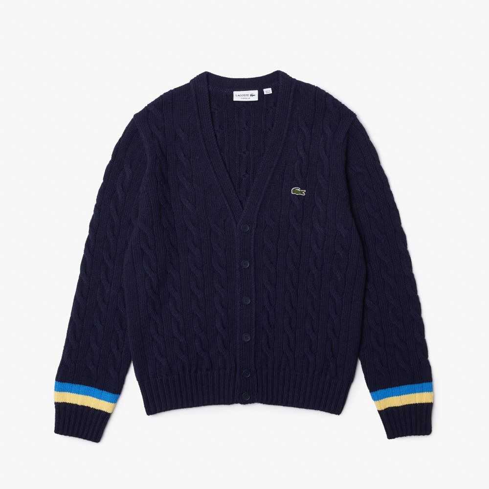 Lacoste Classic Fit Contrast Striped Cardigan Navy Blue / Yellow / Blue | LEXD-35402