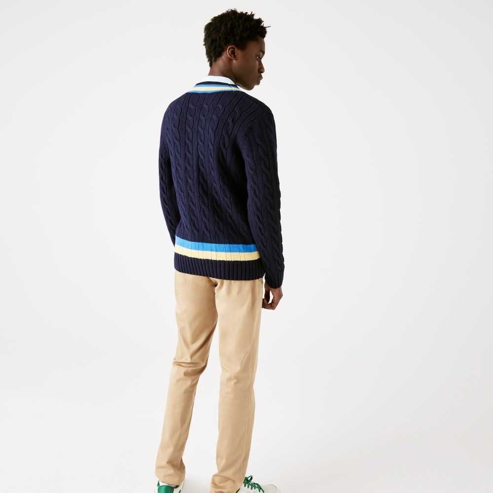 Lacoste Classic Fit Contrast Striped Wool Sweater Navy Blue / Yellow / Blue | CDUX-21673