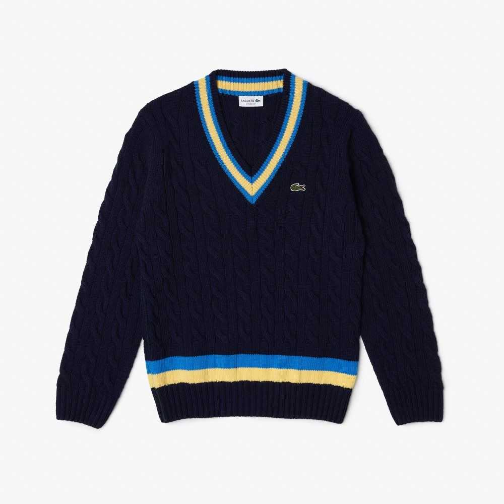 Lacoste Classic Fit Contrast Striped Wool Sweater Navy Blue / Yellow / Blue | CDUX-21673
