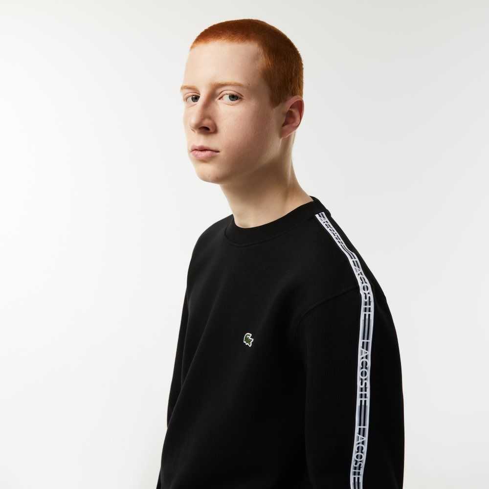 Lacoste Classic Fit Logo Stripe Flannel Sweatshirt Black | HPTY-43692