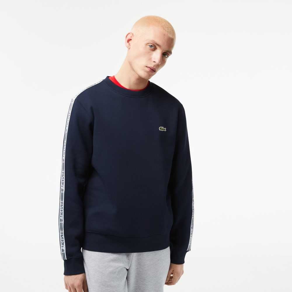 Lacoste Classic Fit Logo Stripe Flannel Sweatshirt Navy Blue | XOKZ-72046