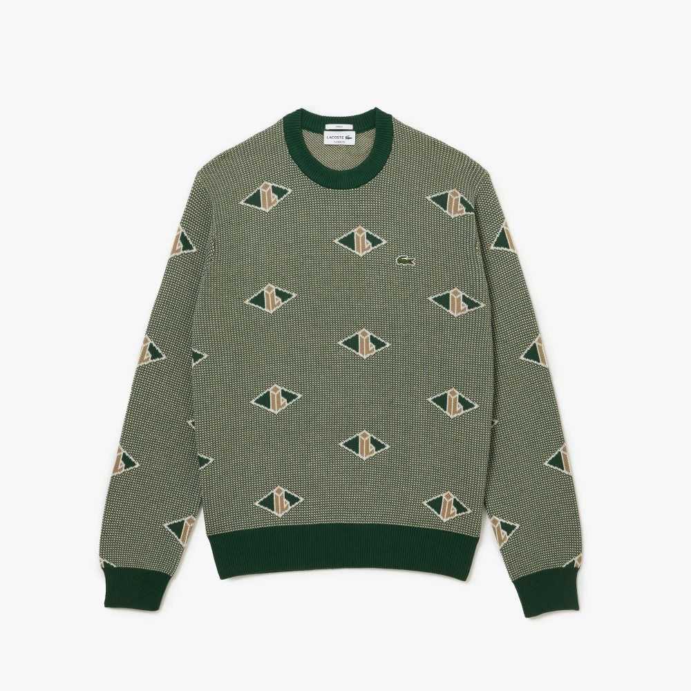 Lacoste Classic Fit Monogram Pattern Sweater Green / Beige / White | WMTZ-50426