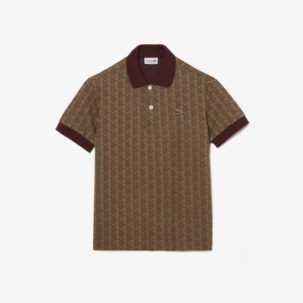 Lacoste Classic Fit Monogram Print Polo Beige / Bordeaux | JWRF-42809