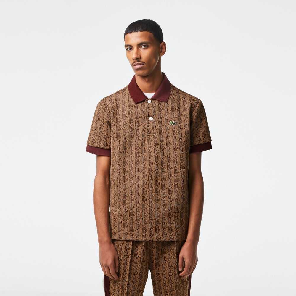 Lacoste Classic Fit Monogram Print Polo Beige / Bordeaux | JWRF-42809