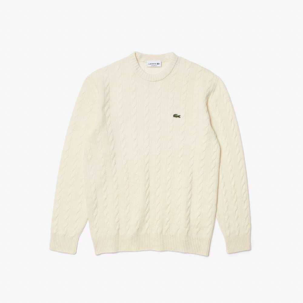 Lacoste Classic Fit Wool Cable Knit Sweater White | UQMJ-50962