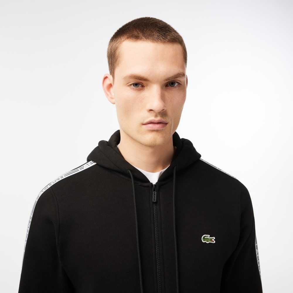 Lacoste Classic Fit Zipped Hoodie with Brand Stripes Black | DUVF-62371