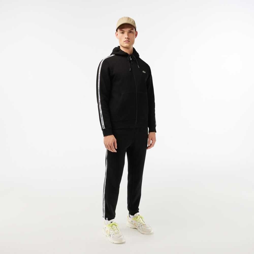 Lacoste Classic Fit Zipped Hoodie with Brand Stripes Black | DUVF-62371