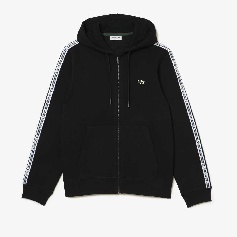 Lacoste Classic Fit Zipped Hoodie with Brand Stripes Black | DUVF-62371