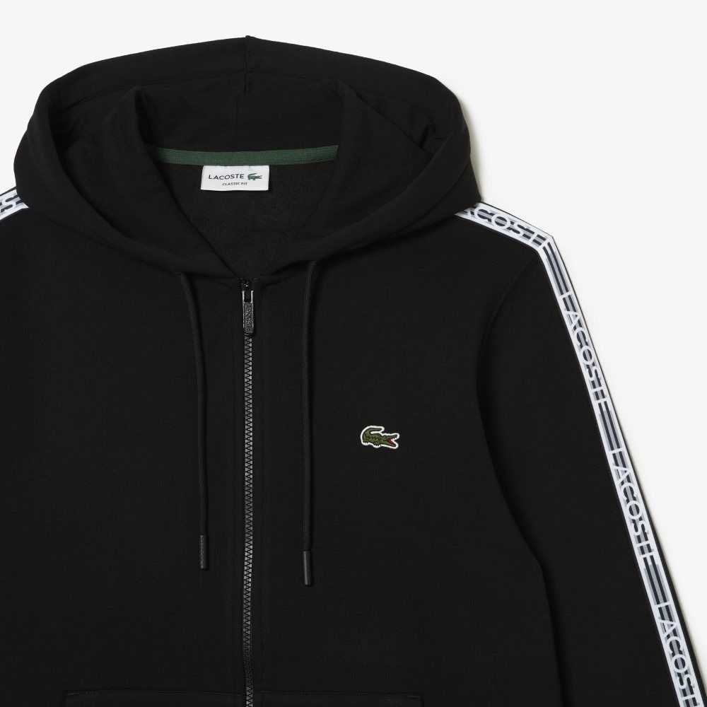 Lacoste Classic Fit Zipped Hoodie with Brand Stripes Black | DUVF-62371