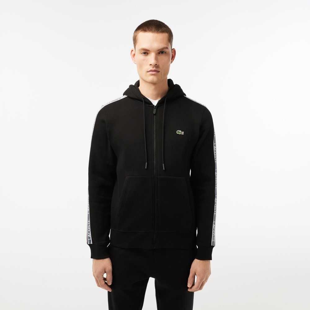 Lacoste Classic Fit Zipped Hoodie with Brand Stripes Black | DUVF-62371