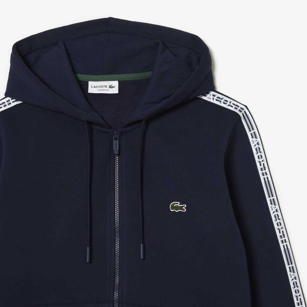 Lacoste Classic Fit Zipped Hoodie with Brand Stripes Navy Blue | LNZY-72689