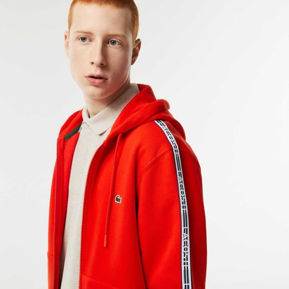Lacoste Classic Fit Zipped Hoodie with Brand Stripes Red | OZLN-46182