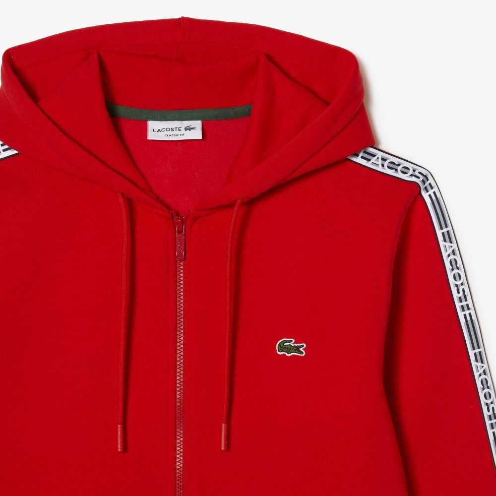 Lacoste Classic Fit Zipped Hoodie with Brand Stripes Red | OZLN-46182