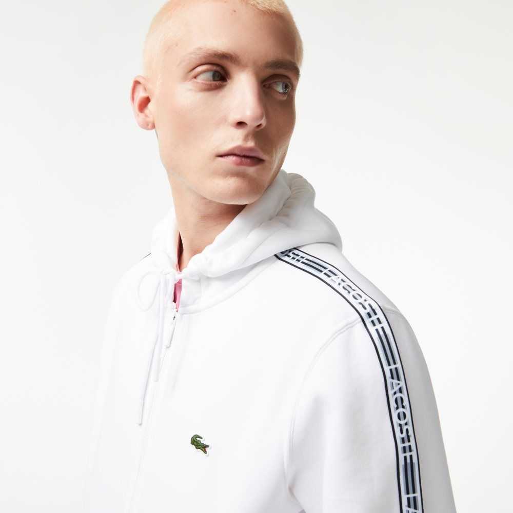 Lacoste Classic Fit Zipped Hoodie with Brand Stripes White | YMUP-21607