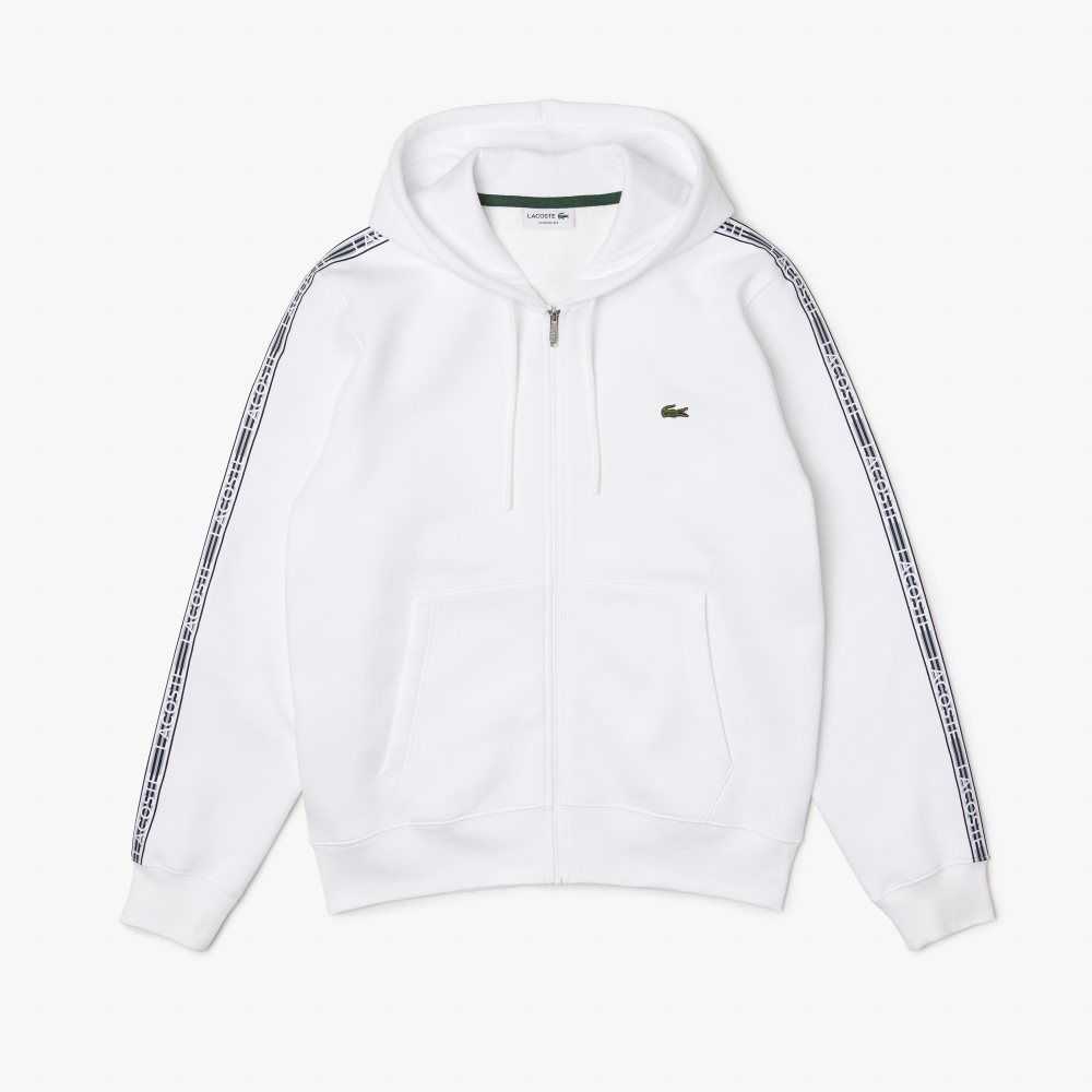 Lacoste Classic Fit Zipped Hoodie with Brand Stripes White | YMUP-21607