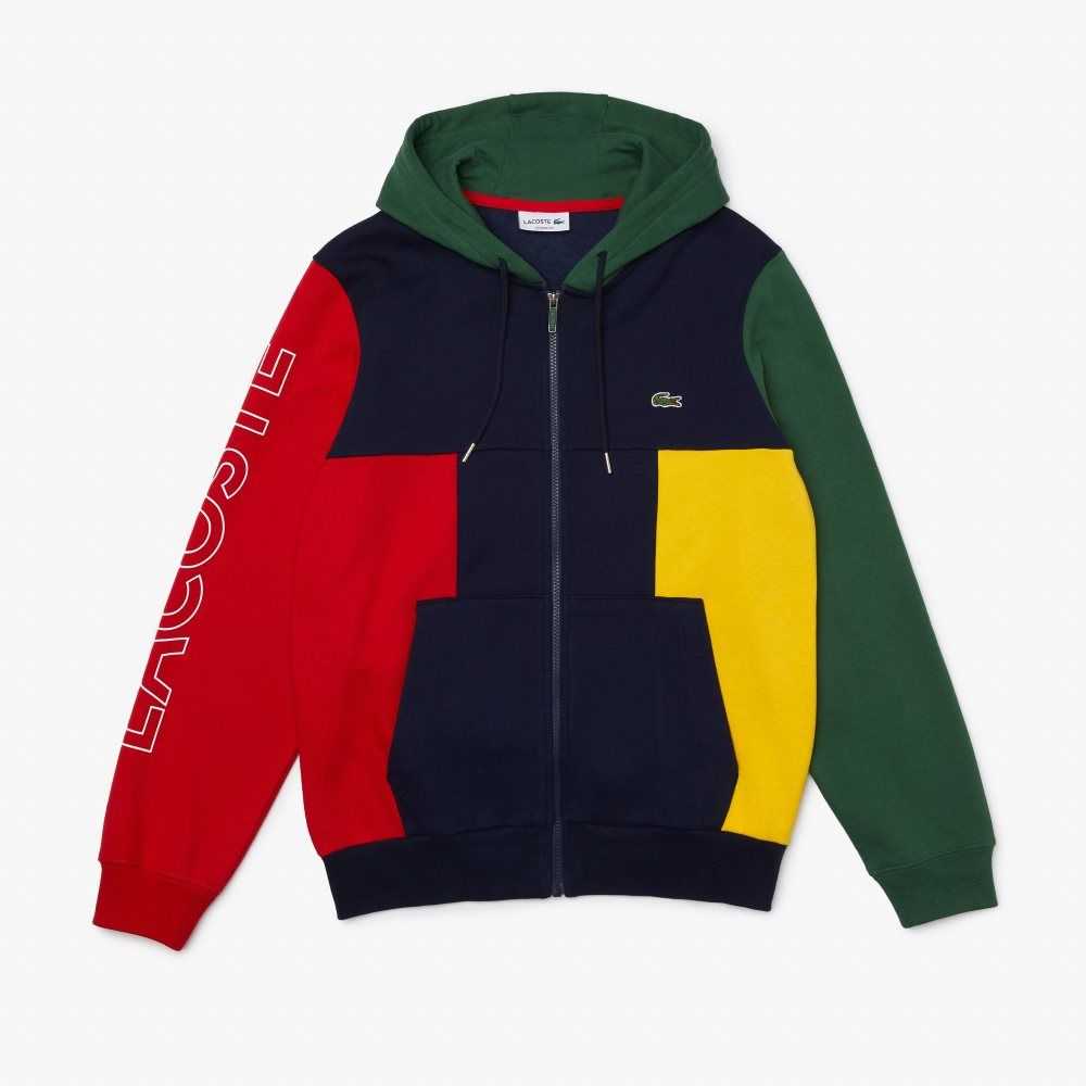 Lacoste Colorblock Zippered Fleece Hoodie Navy Blue / Red / Green / Yellow | MQWZ-08947