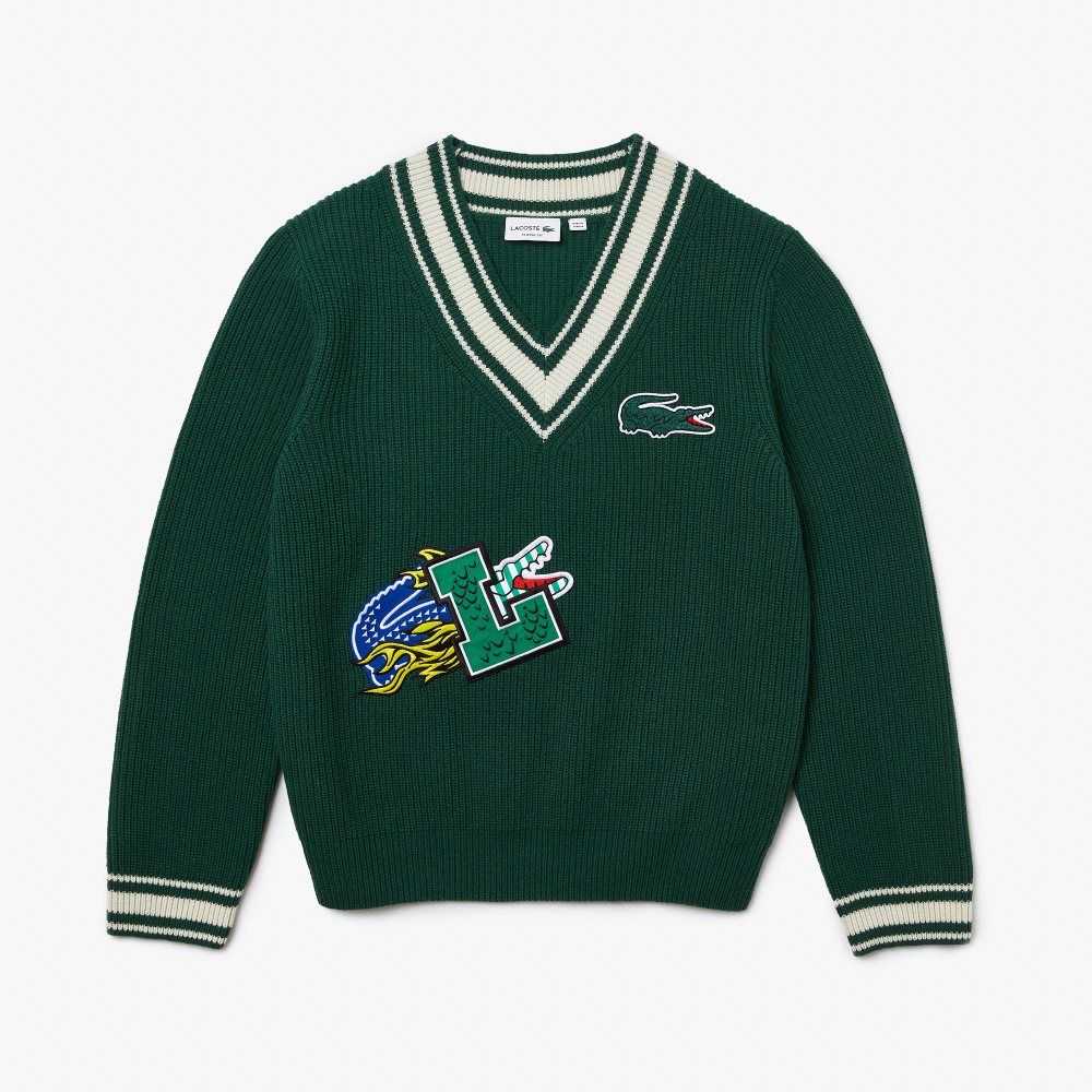 Lacoste Comic Badge Sweater Green / White | AZVT-36829