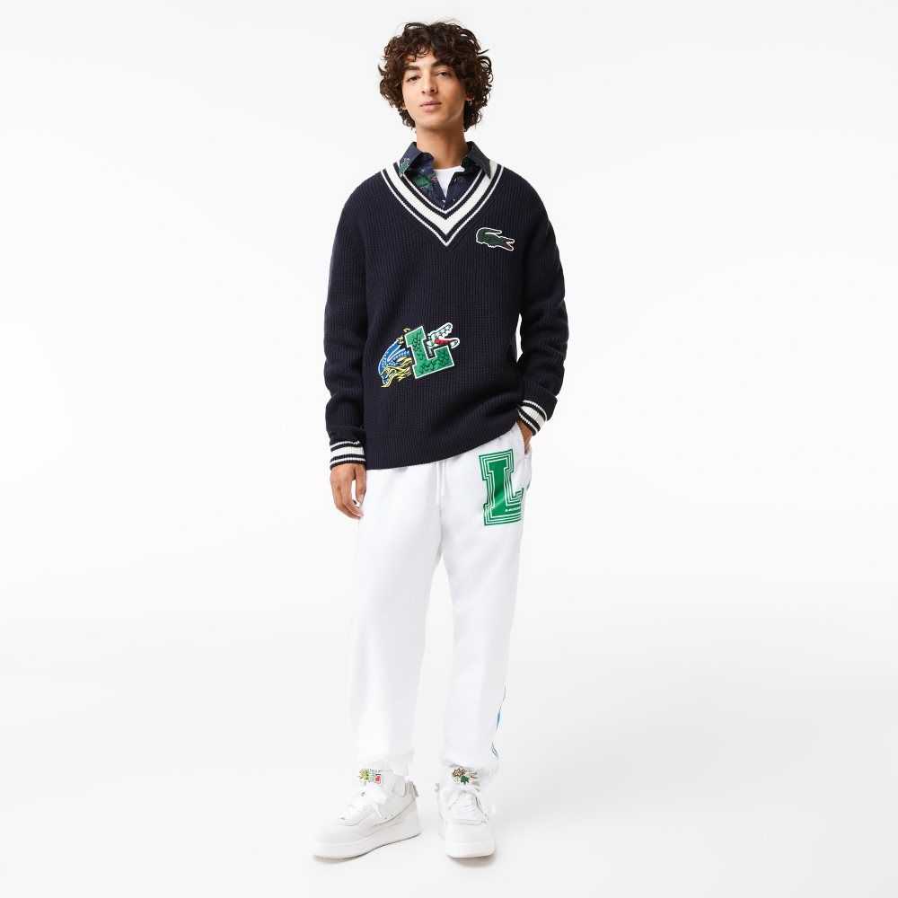 Lacoste Comic Badge Sweater Navy Blue / White | JUSE-05327