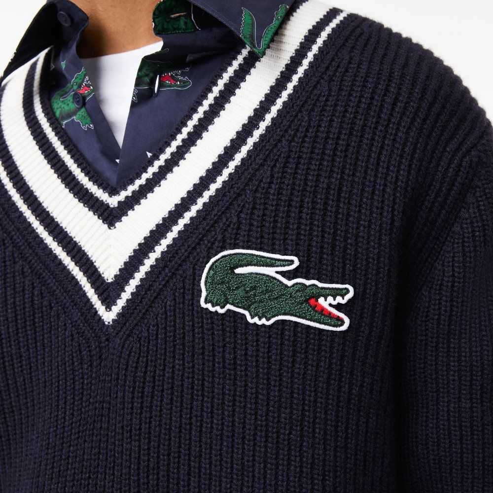 Lacoste Comic Badge Sweater Navy Blue / White | JUSE-05327