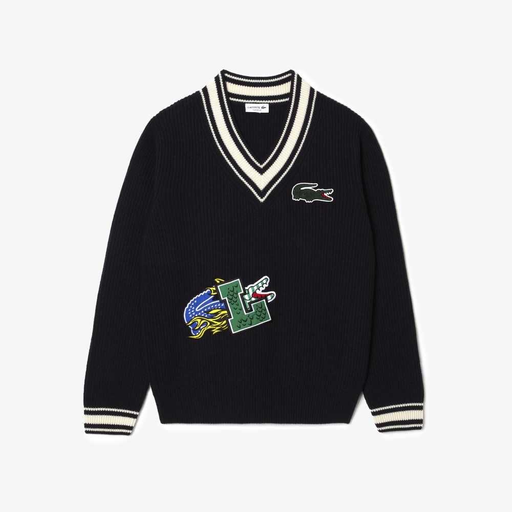 Lacoste Comic Badge Sweater Navy Blue / White | JUSE-05327