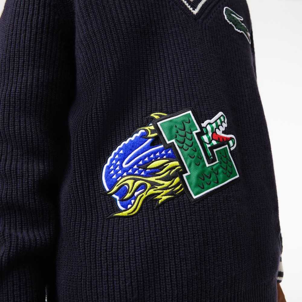 Lacoste Comic Badge Sweater Navy Blue / White | JUSE-05327