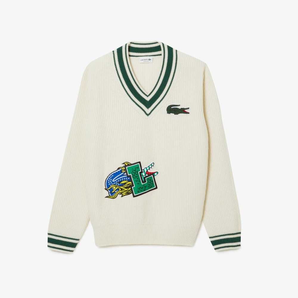 Lacoste Comic Badge Sweater White / Green | RPAC-47192