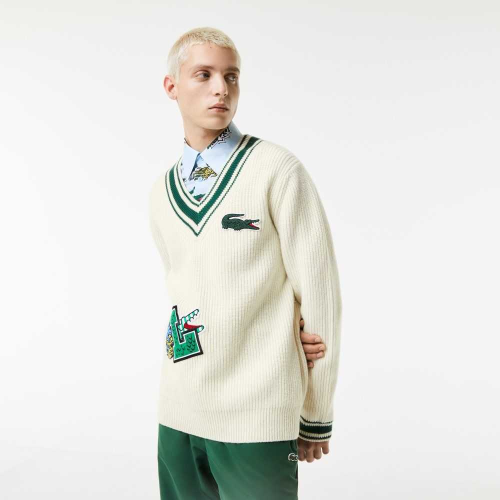Lacoste Comic Badge Sweater White / Green | RPAC-47192