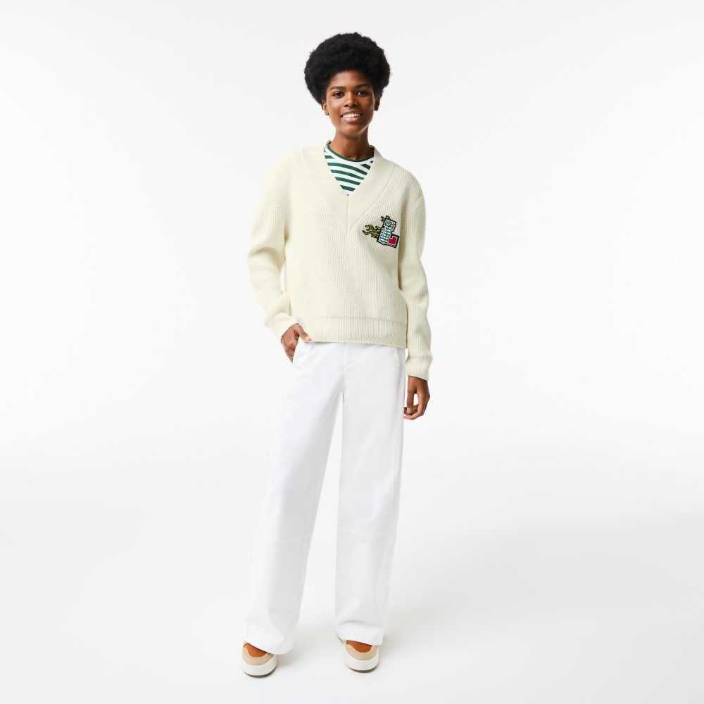 Lacoste Comic Badge V-Neck Wool Sweater White | BYMR-08695