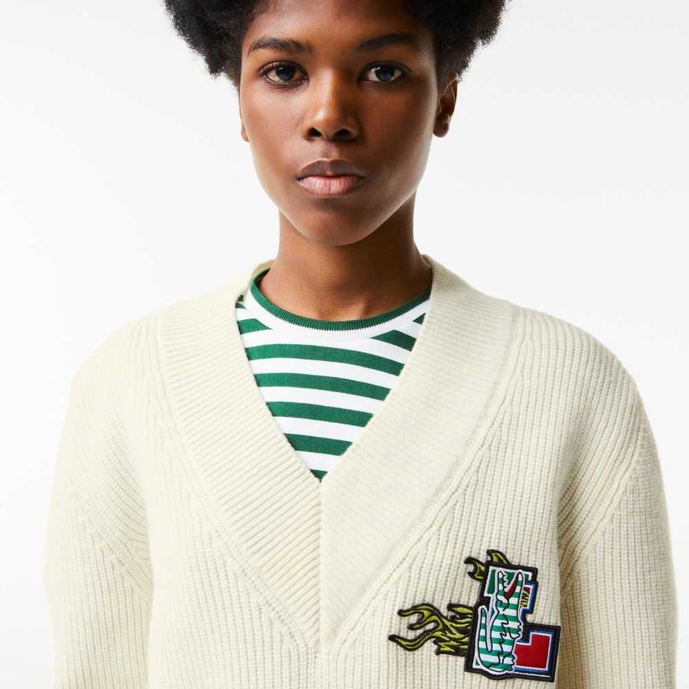 Lacoste Comic Badge V-Neck Wool Sweater White | BYMR-08695