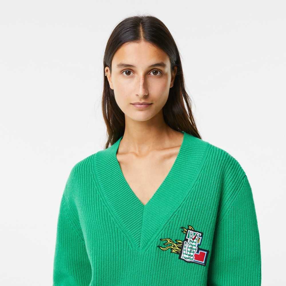 Lacoste Comic Badge V-Neck Wool Sweater Green | KTPM-63189