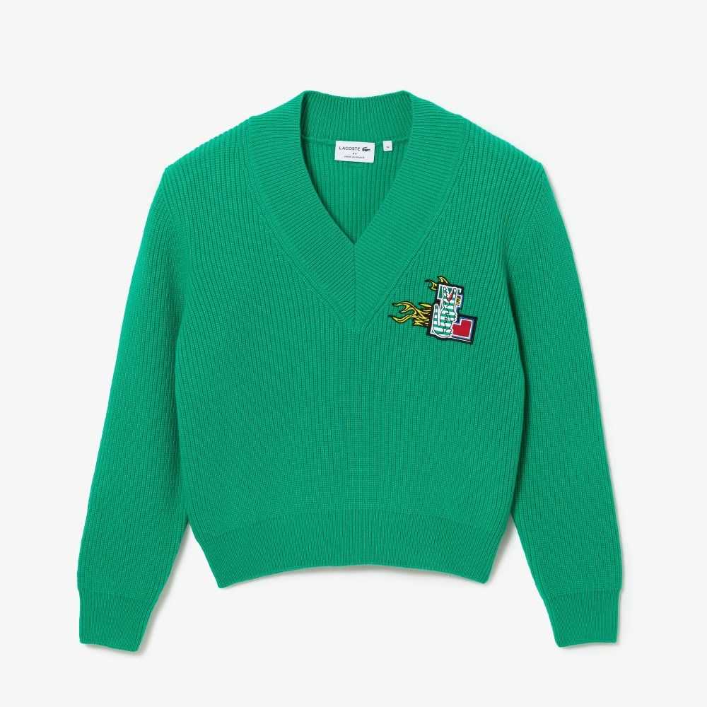 Lacoste Comic Badge V-Neck Wool Sweater Green | KTPM-63189