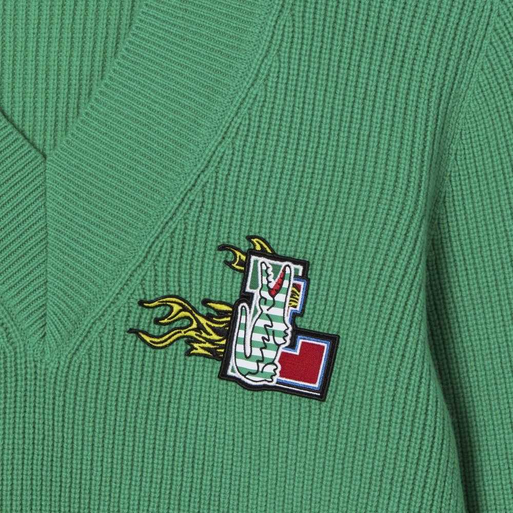 Lacoste Comic Badge V-Neck Wool Sweater Green | KTPM-63189