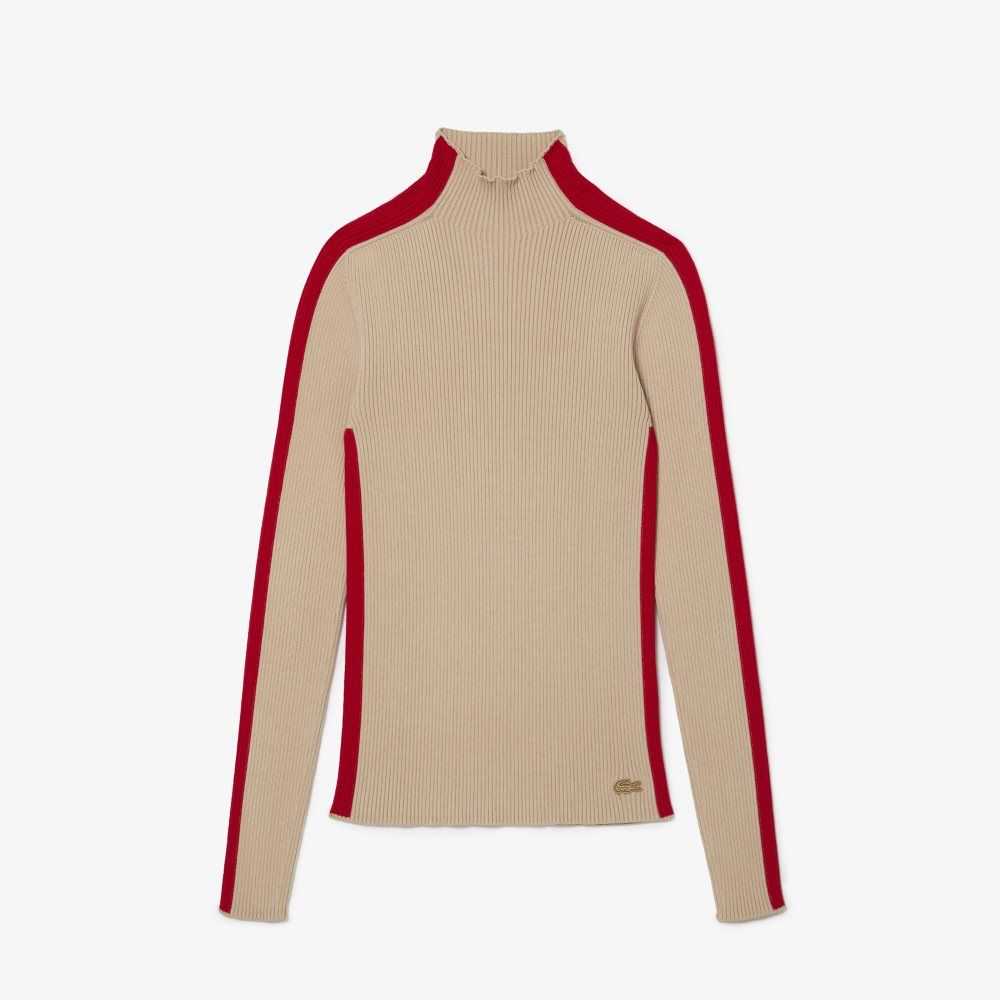 Lacoste Contrast Bands Seamless Sweater Beige / Red | JKML-62135
