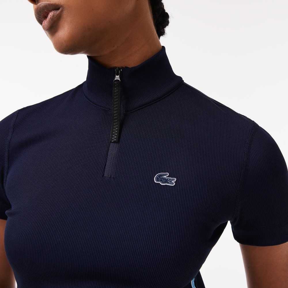 Lacoste Contrast Bands Zip Neck Polo Navy Blue | XWCS-18697