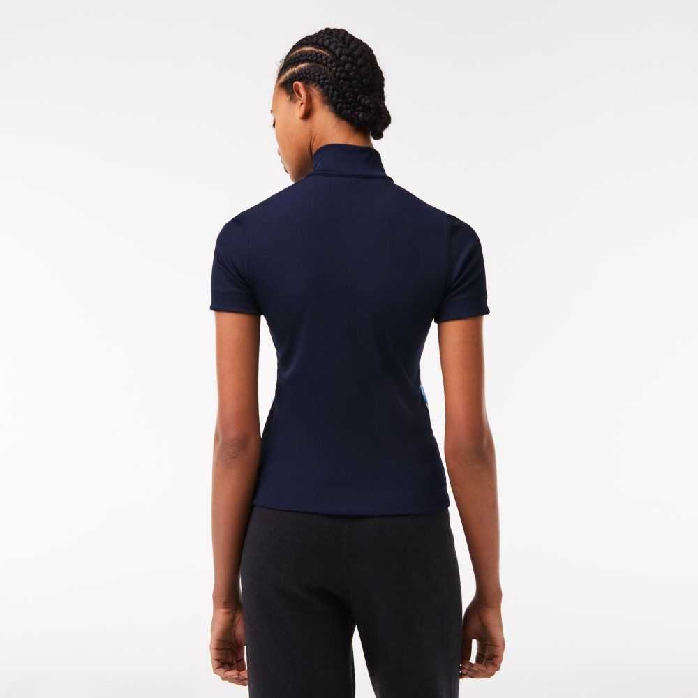 Lacoste Contrast Bands Zip Neck Polo Navy Blue | XWCS-18697