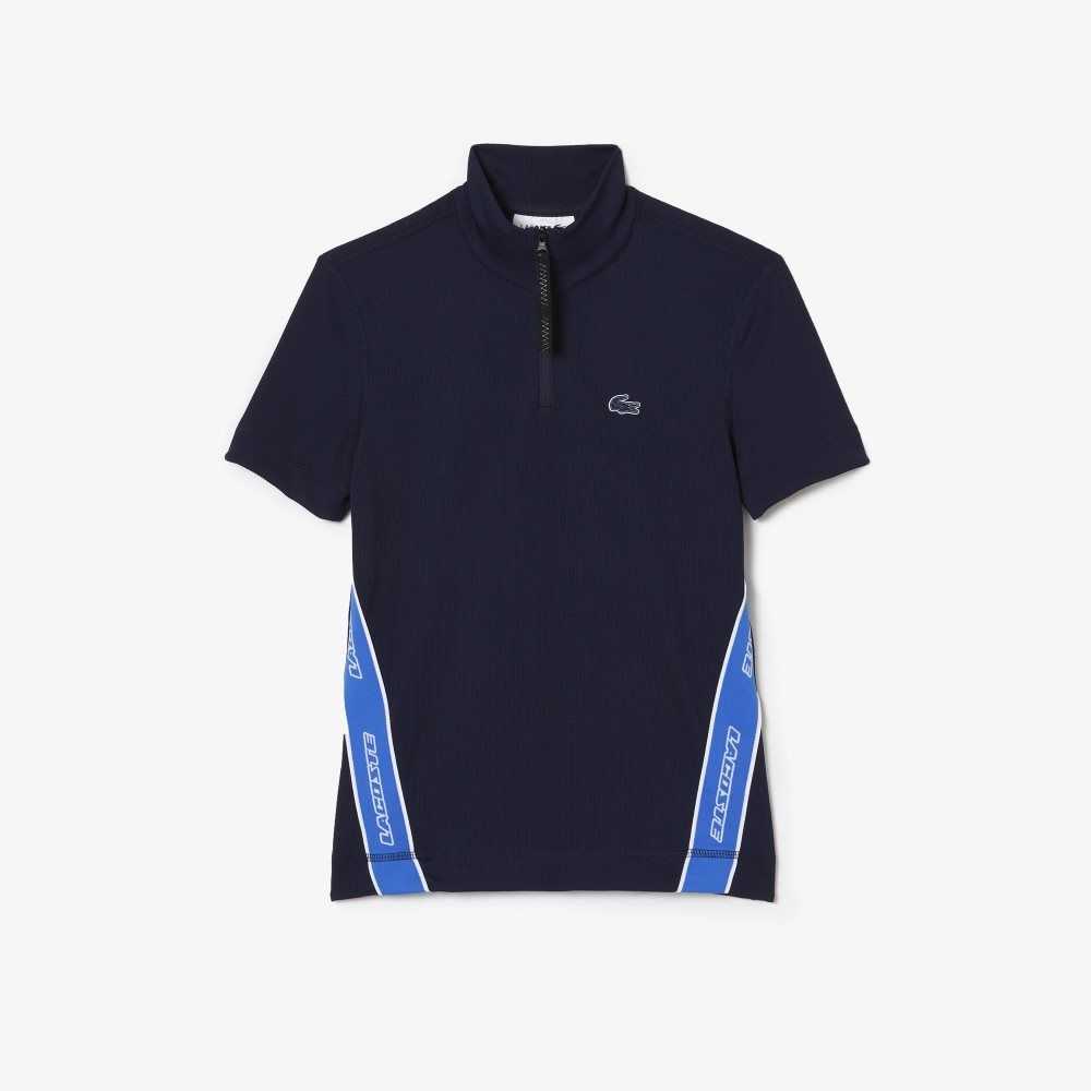 Lacoste Contrast Bands Zip Neck Polo Navy Blue | XWCS-18697