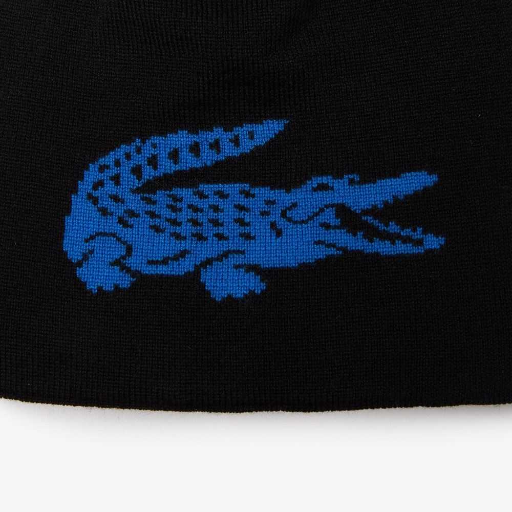 Lacoste Contrast Crocodile Reversible Beanie Black / Blue | FIUM-83650