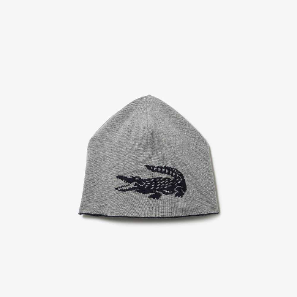 Lacoste Contrast Crocodile Reversible Beanie Navy Blue / Grey Chine | OVWX-64850