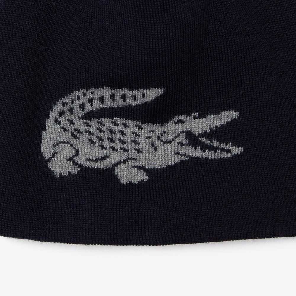 Lacoste Contrast Crocodile Reversible Beanie Navy Blue / Grey Chine | OVWX-64850