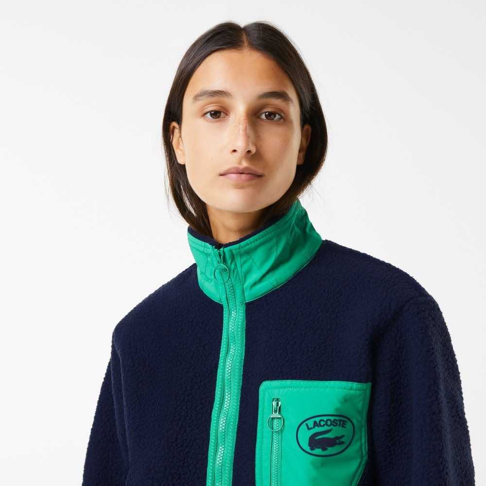 Lacoste Contrast Print Sherpa Fleece Jacket Navy Blue / Green | CZNO-72908