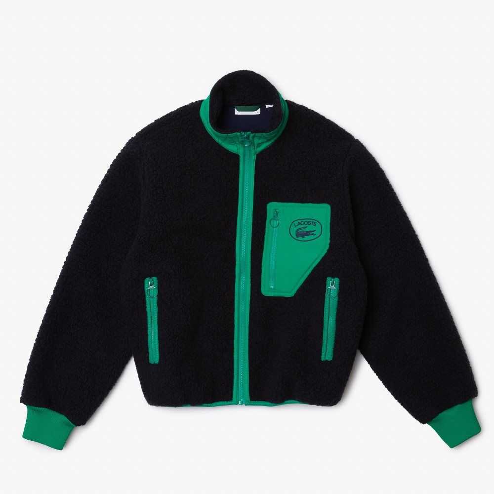 Lacoste Contrast Print Sherpa Fleece Jacket Navy Blue / Green | CZNO-72908