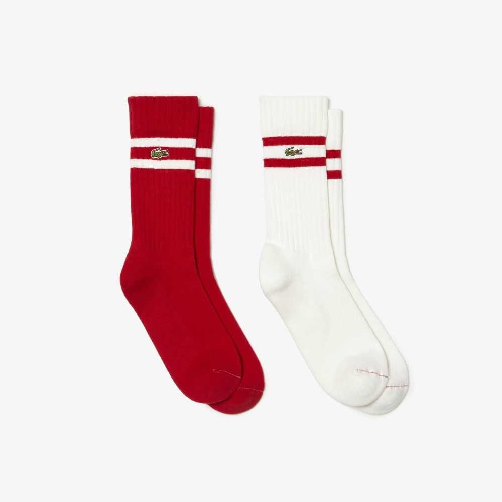 Lacoste Contrast Striped Ribbed Knit Socks Red / White | ABDG-70419