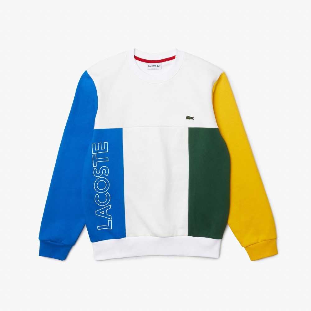 Lacoste Crew Neck Colorblock Cotton Fleece Sweatshirt White / Blue / Yellow / Green | GEBD-85164