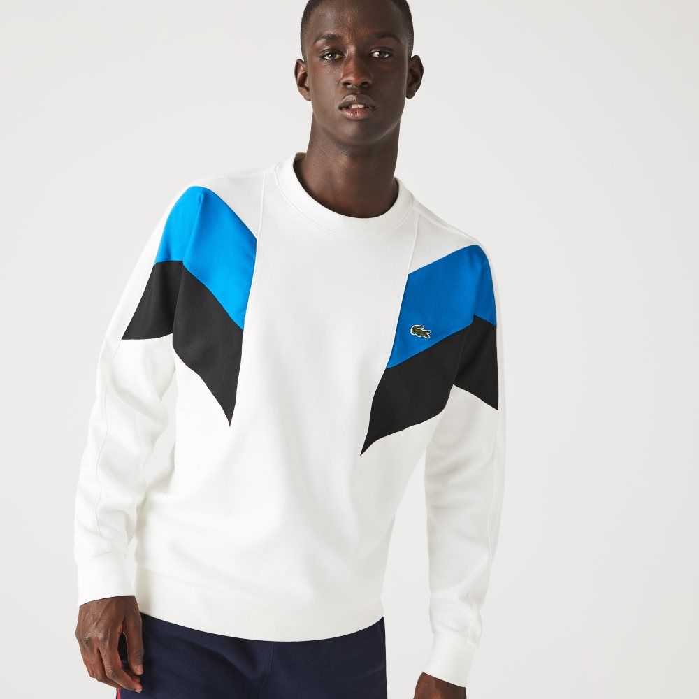Lacoste Crew Neck Colorblock Design Cotton Fleece Sweatshirt White / Blue / Black | LDMX-92708