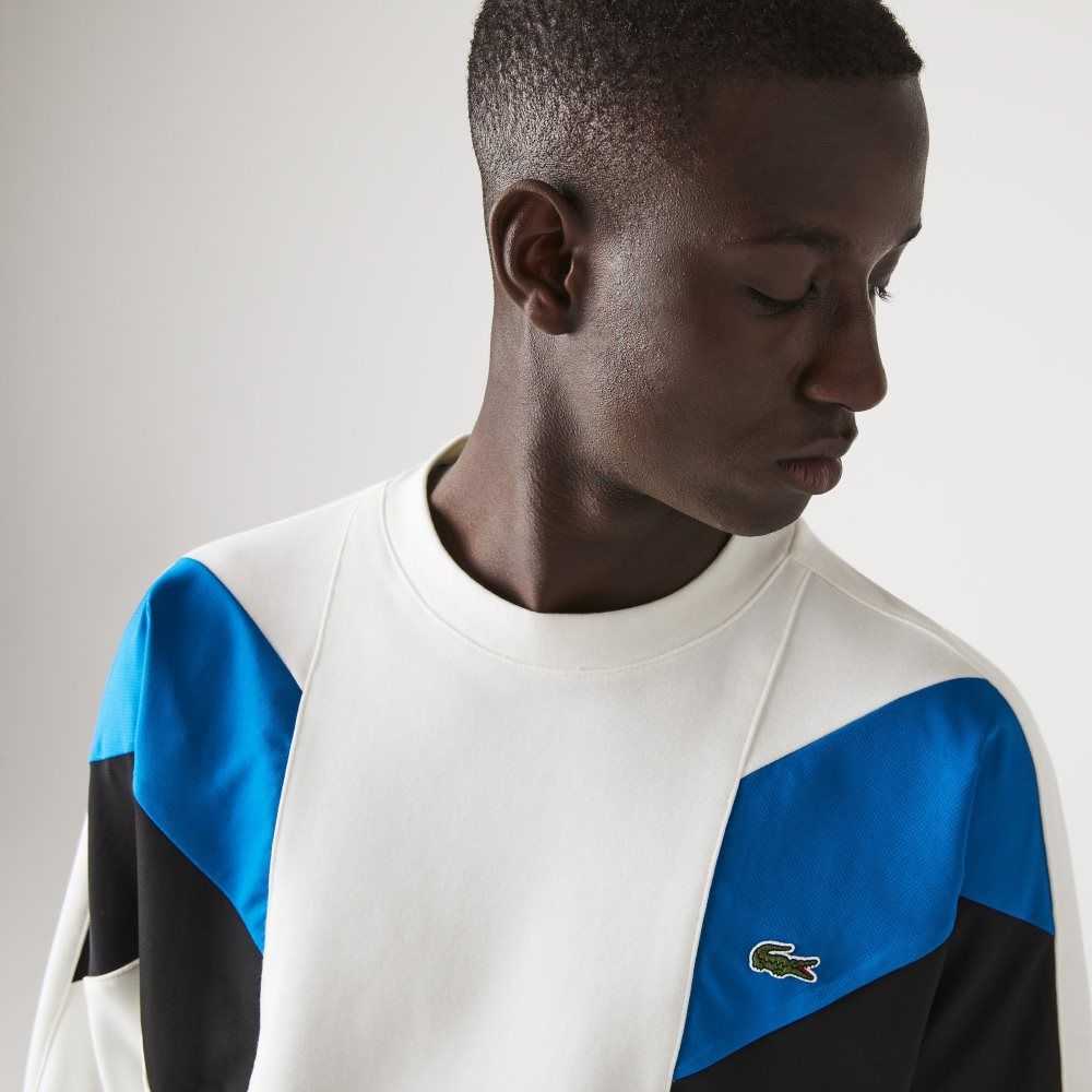 Lacoste Crew Neck Colorblock Design Cotton Fleece Sweatshirt White / Blue / Black | LDMX-92708