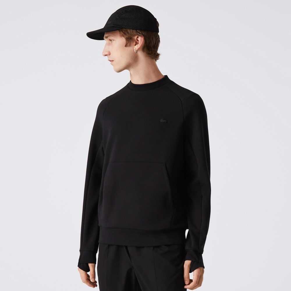 Lacoste Crew Neck Kangaroo Pocket Cotton Blend Sweatshirt Black | VOZU-93714