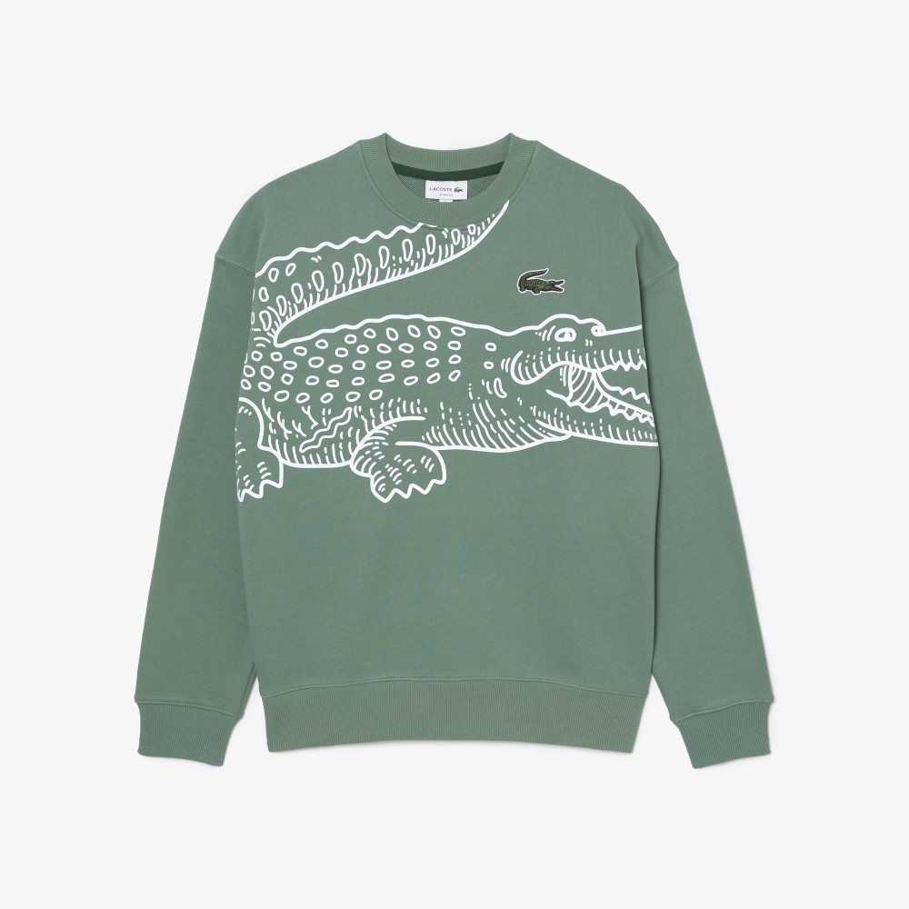 Lacoste Crew Neck Loose Fit Croc Print Sweatshirt Khaki Green | GCZN-70423