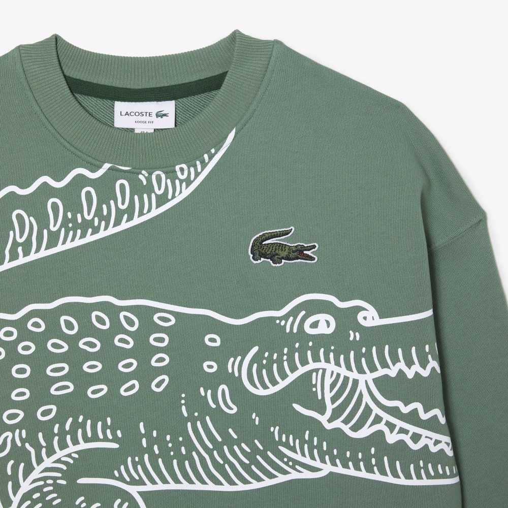 Lacoste Crew Neck Loose Fit Croc Print Sweatshirt Khaki Green | GCZN-70423