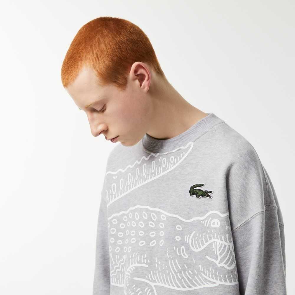 Lacoste Crew Neck Loose Fit Croc Print Sweatshirt Grey Chine | HKYC-76093