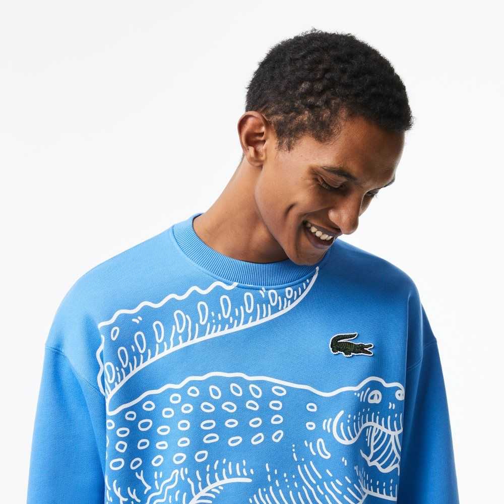 Lacoste Crew Neck Loose Fit Croc Print Sweatshirt Blue | XYLR-14038